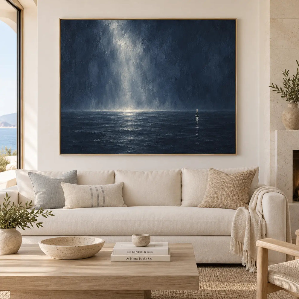 The Small Light Offshore: above a cream sofa with a light wood table and leafy branch arrangement