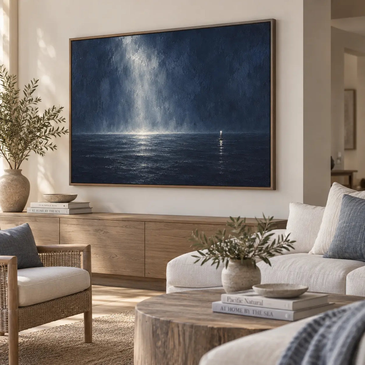 The Small Light Offshore: above a wood console behind cream seating and a rough stone table