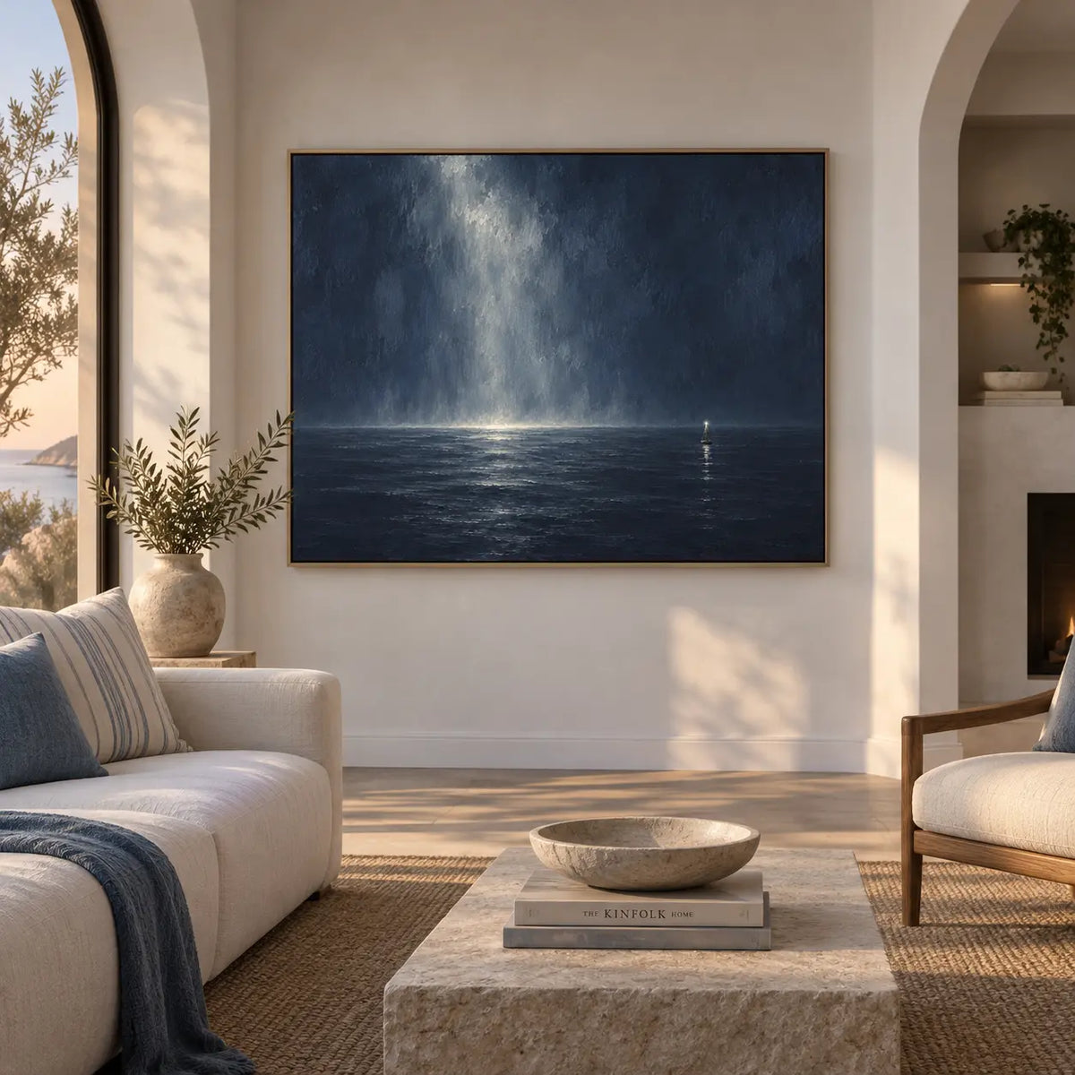 The Small Light Offshore: between an arched opening and tall window beside light seating