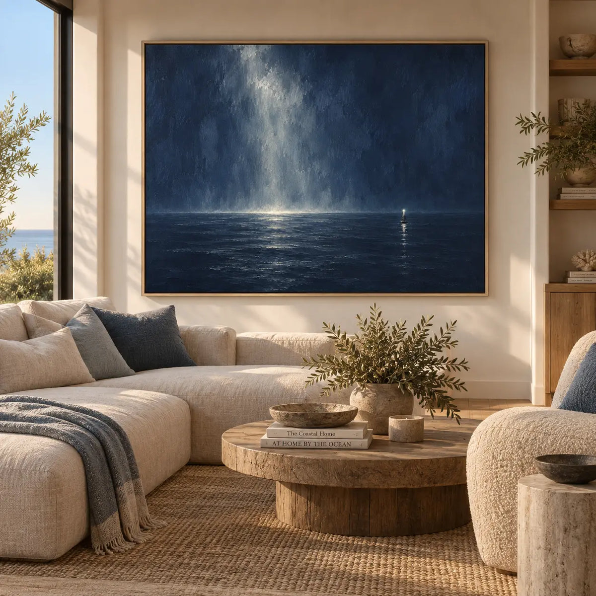 The Small Light Offshore: above a cream sofa with a round wooden table and blue throw