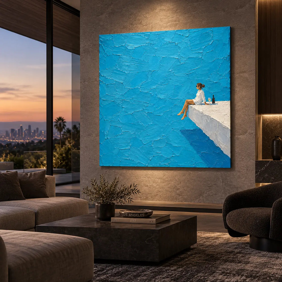 The Solitary Terrace Seat: above a taupe sofa beside sunset glazing and a brass picture light