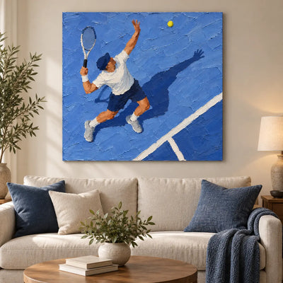 The Toss Before the Serve: above a cream sofa with navy cushions and a round wood table