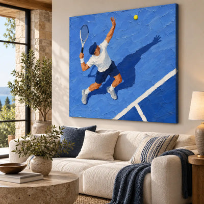 The Toss Before the Serve: angled above a cream sofa beside a tall black window