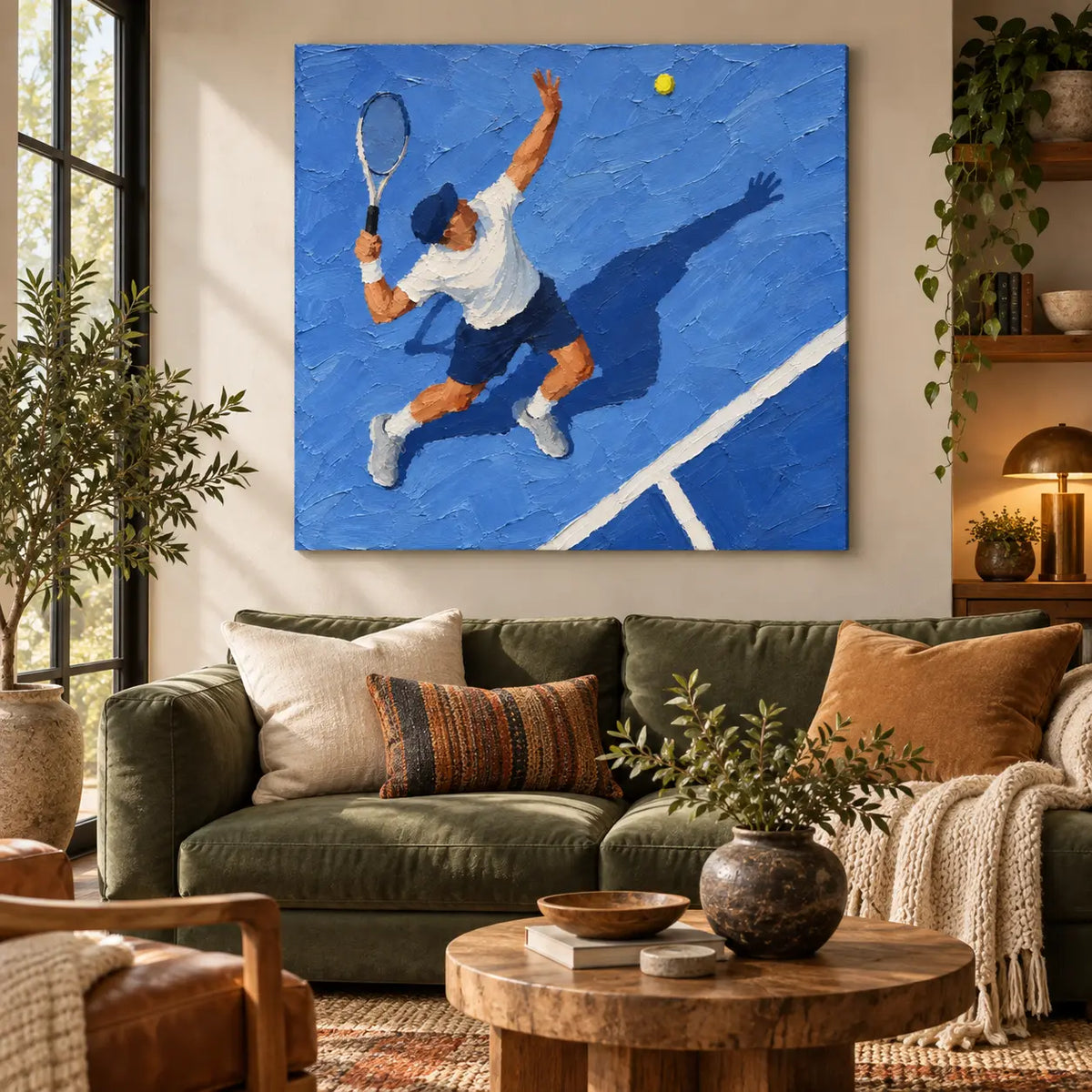The Toss Before the Serve: above an olive sofa with rust cushions and a round wood table