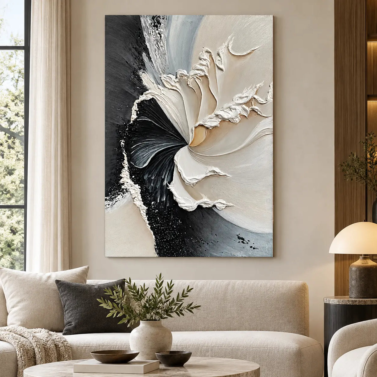 The Turning Point: above a cream sofa with a charcoal cushion and pale round table