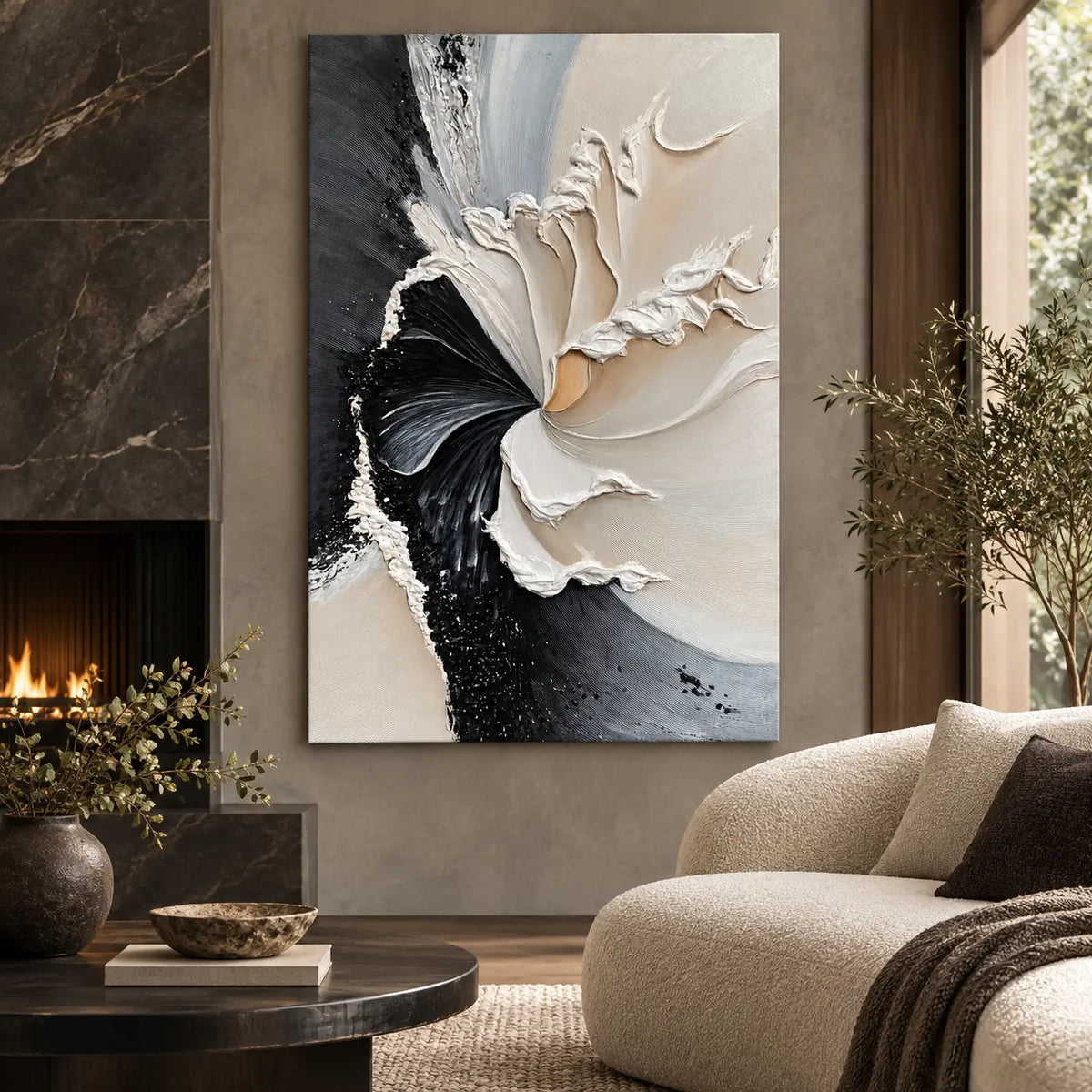 The Turning Point: beside a dark stone fireplace and cream curved sofa