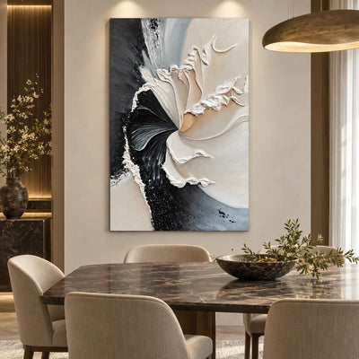 The Turning Point: behind a dark marble dining table beneath a broad brass pendant