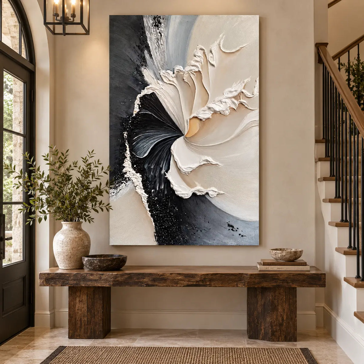 The Turning Point: above a rustic wood console beside an arched door and staircase
