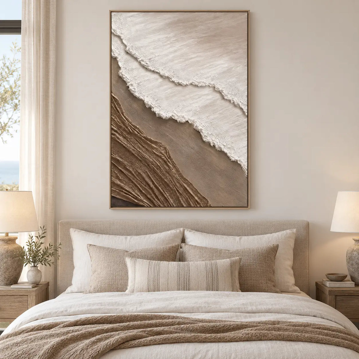 The Umber Shoreline: above a white bed with taupe cushions and paired bedside lamps