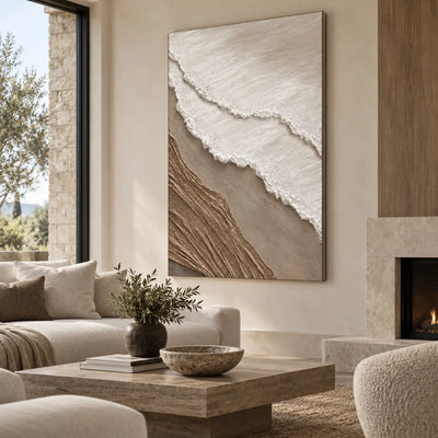 The Umber Shoreline: beside a pale stone fireplace and cream sofa