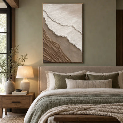 The Umber Shoreline: above a bed with olive cushions and a green coverlet