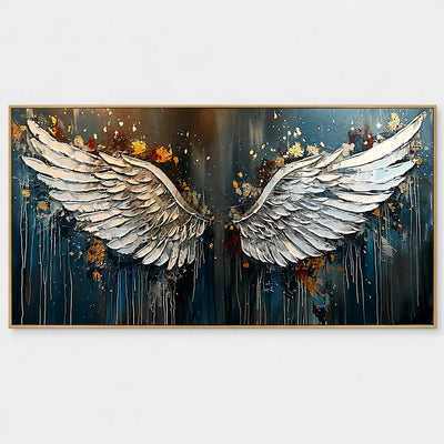 The Unfolding of Wings: Two white feathered wings spread across deep teal with gold-colored flecks and pale trailing lines