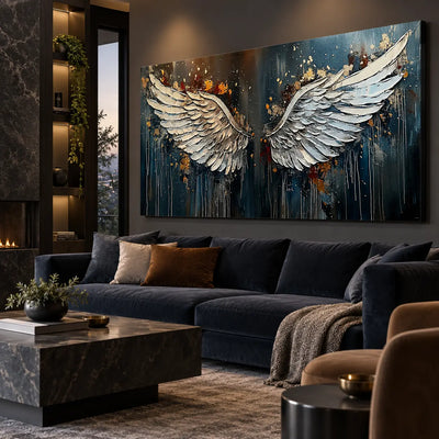 The Unfolding of Wings: viewed obliquely over a navy sectional beside a marble fireplace