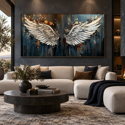 The Unfolding of Wings: above a rounded ivory sectional and dark circular table