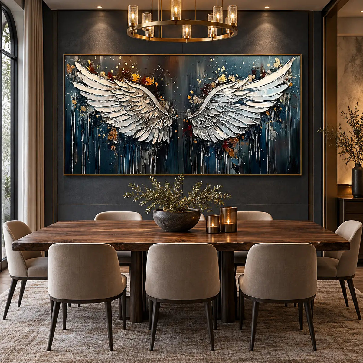 The Unfolding of Wings: behind a long wooden dining table under a circular chandelier