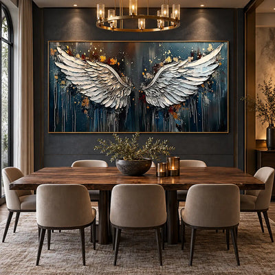 The Unfolding of Wings: behind a long wooden dining table under a circular chandelier