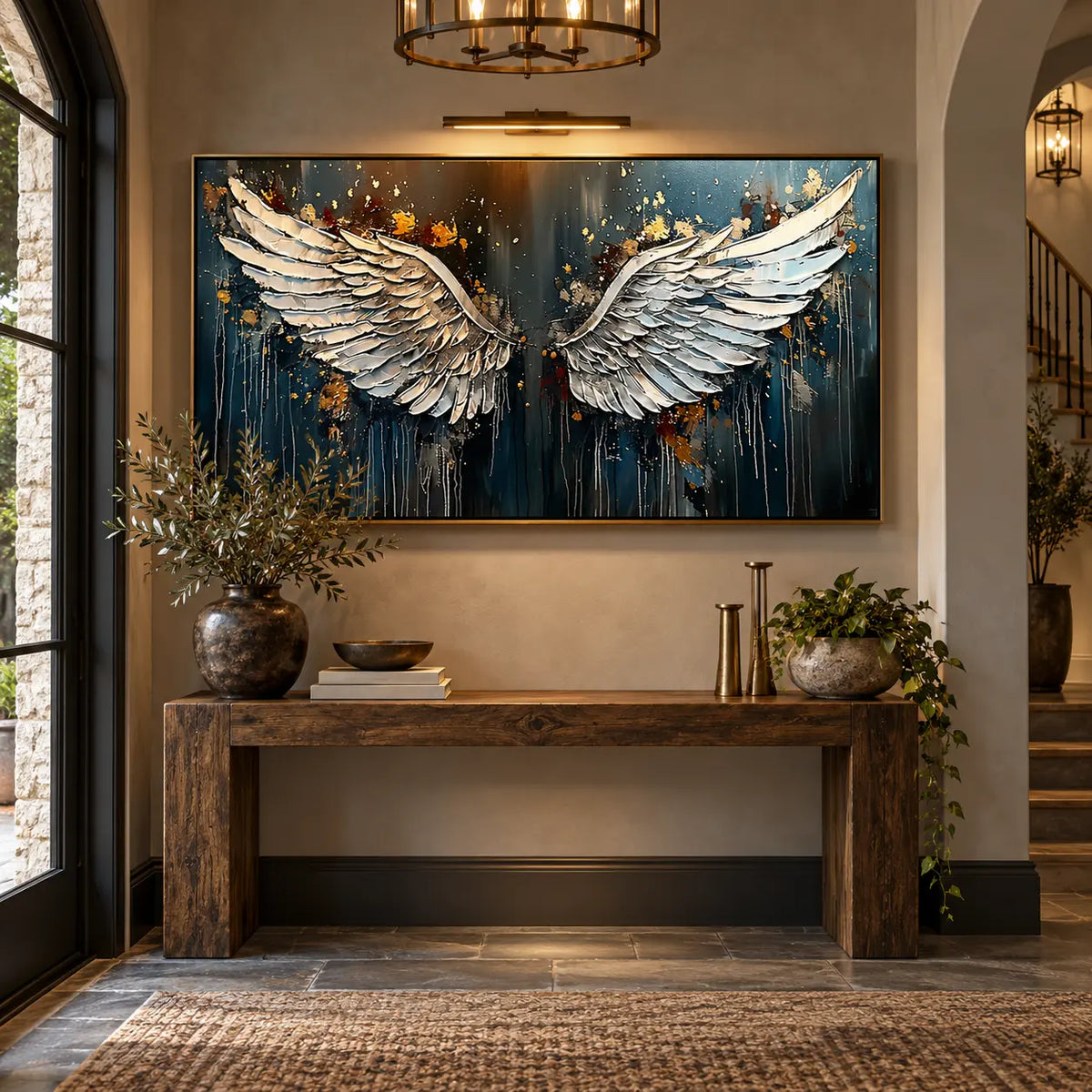 The Unfolding of Wings: above a rustic console beneath a picture light beside an arched doorway