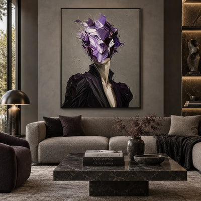The Violet Unnamed: above a gray sofa and dark marble coffee table beside lit shelves