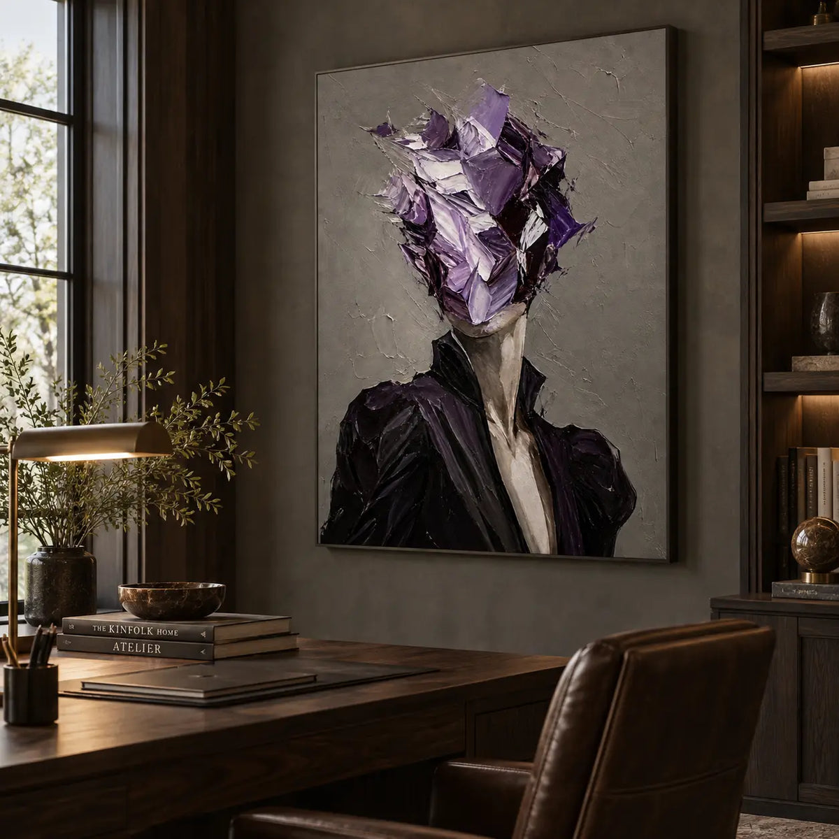 The Violet Unnamed: above a wood desk with a brass lamp and brown leather chair