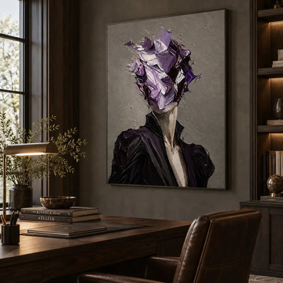 The Violet Unnamed: above a wood desk with a brass lamp and brown leather chair