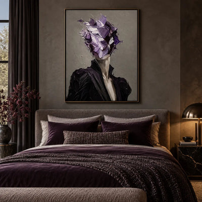 The Violet Unnamed: above a bed with plum cushions and textured gray throw