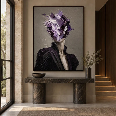 The Violet Unnamed: above a dark stone console beside a sunlit staircase
