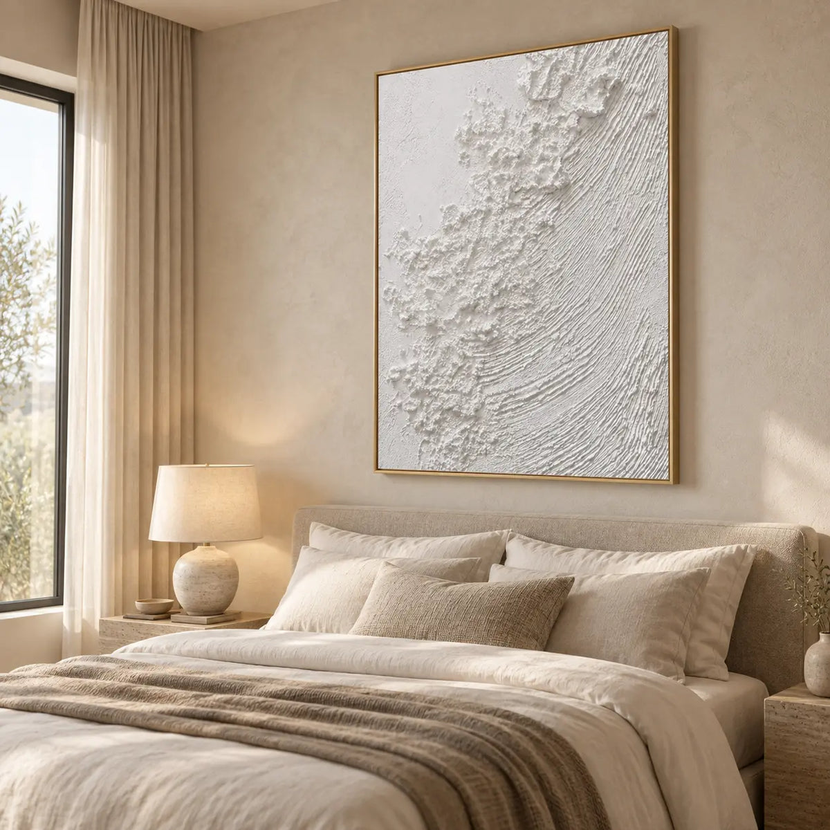 The White Current: above a cream bed beside a round ceramic lamp and tall window