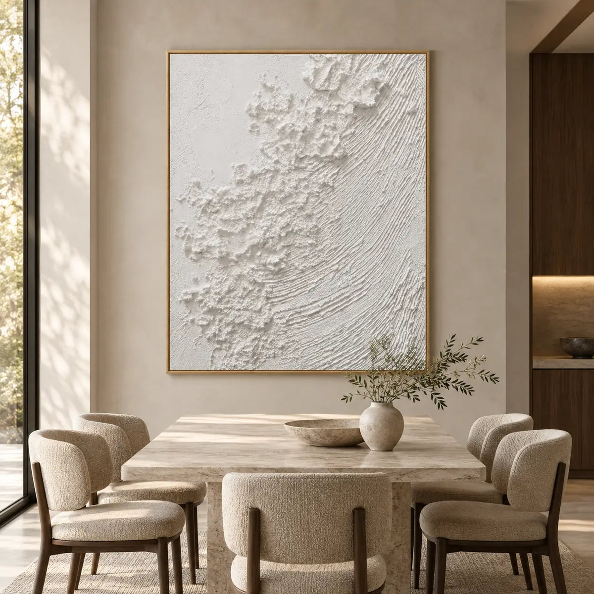 The White Current: behind a stone dining table with upholstered chairs and a leafy vase