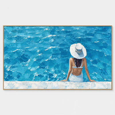 The Wide Blue Afternoon: A woman in a broad white hat sits with her back to the viewer