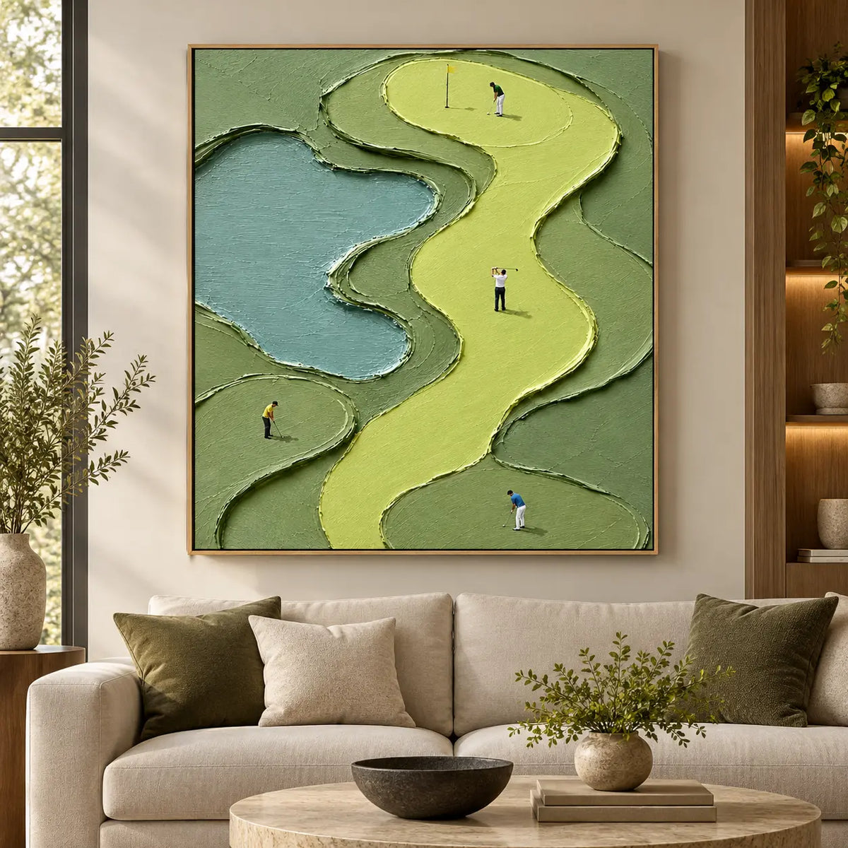 The Winding Fairway Quartet: above a cream sofa with green cushions and an oval stone coffee table