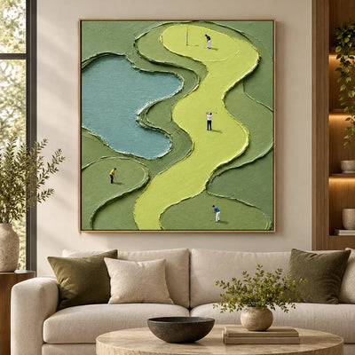 The Winding Fairway Quartet: above a cream sofa with green cushions and an oval stone coffee table