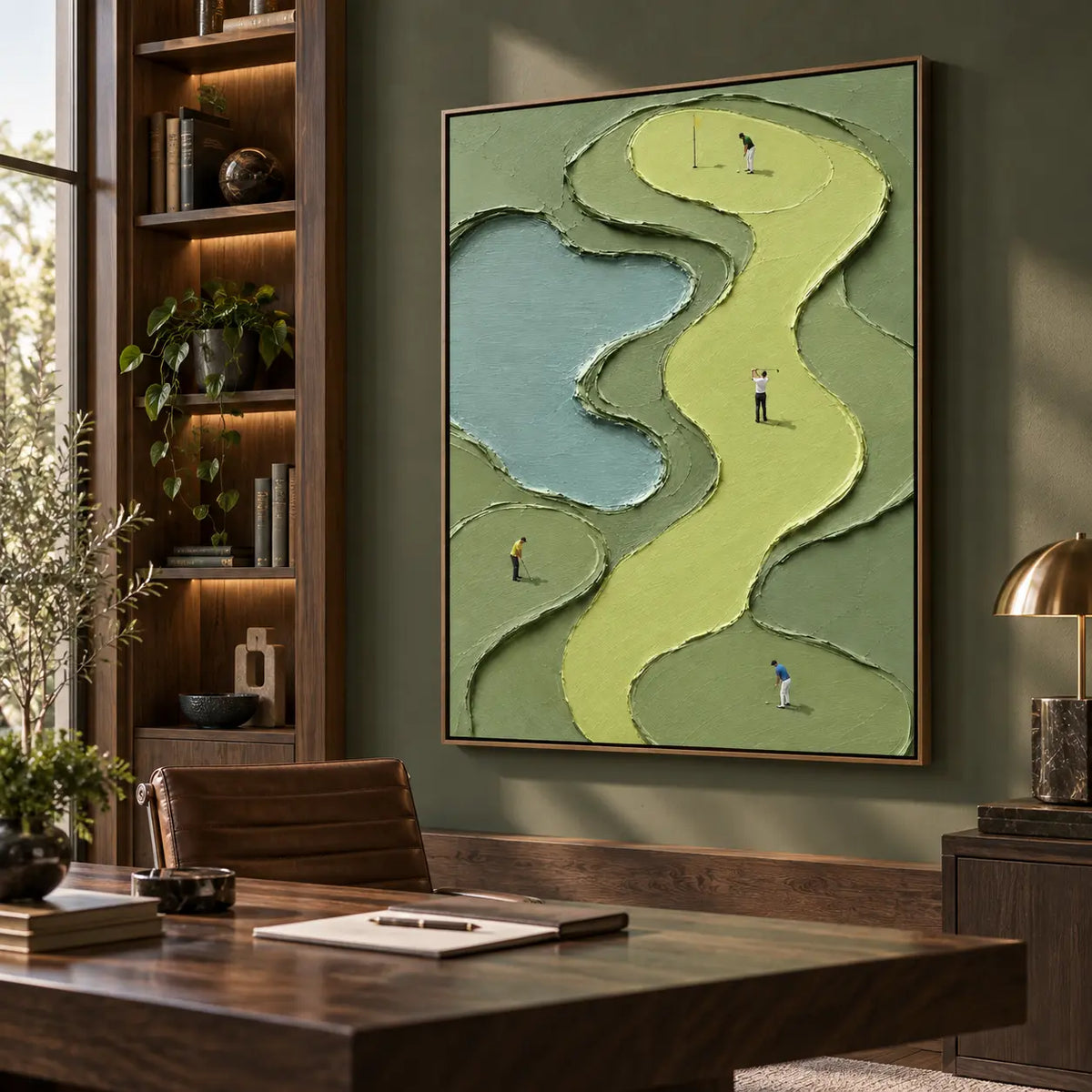 The Winding Fairway Quartet: above a walnut desk against a green wall beside illuminated shelves