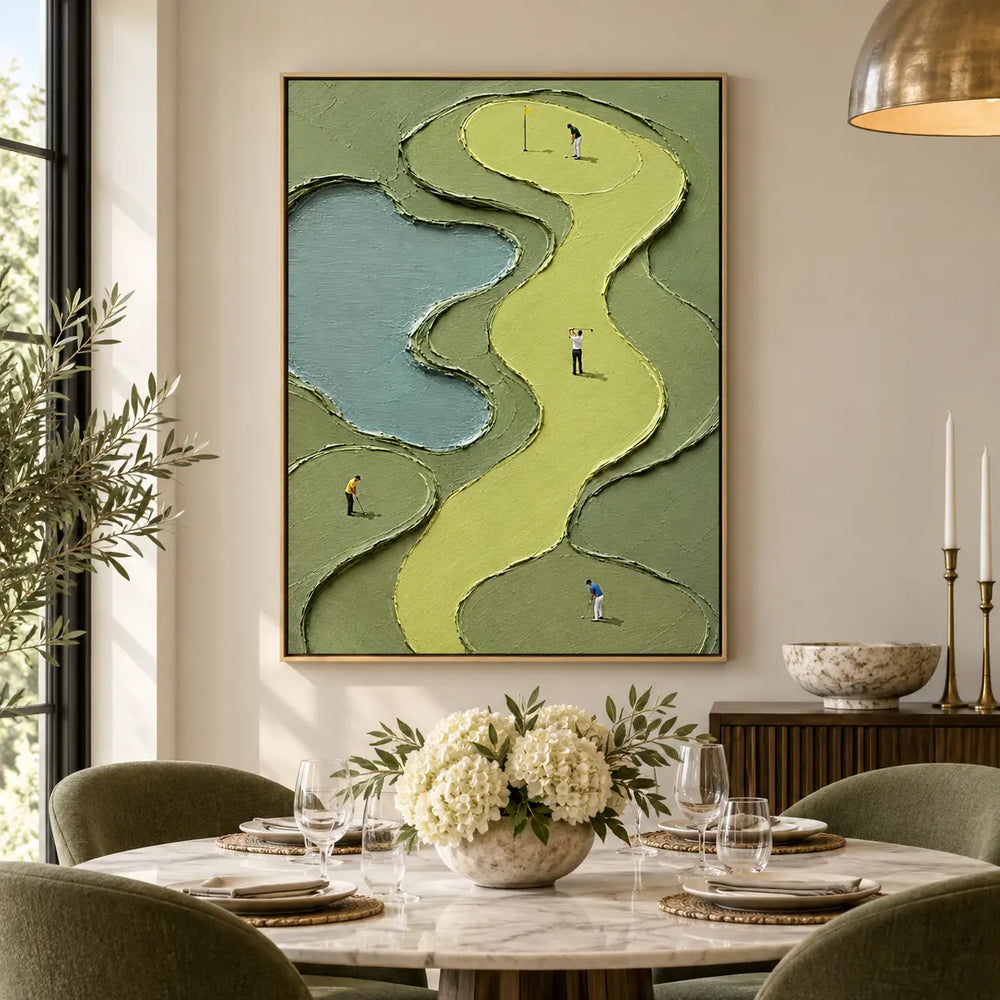 The Winding Fairway Quartet: above a round marble dining table set with white flowers and glassware