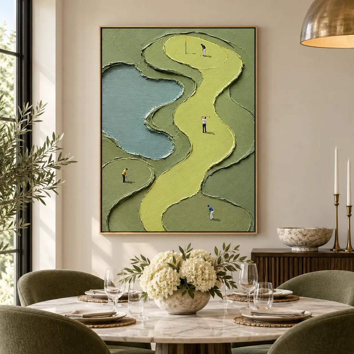 The Winding Fairway Quartet: above a round marble dining table set with white flowers and glassware