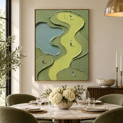 The Winding Fairway Quartet: above a round marble dining table set with white flowers and glassware