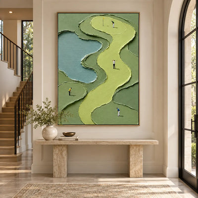 The Winding Fairway Quartet: above a pale stone entry console between a staircase and arched glass door