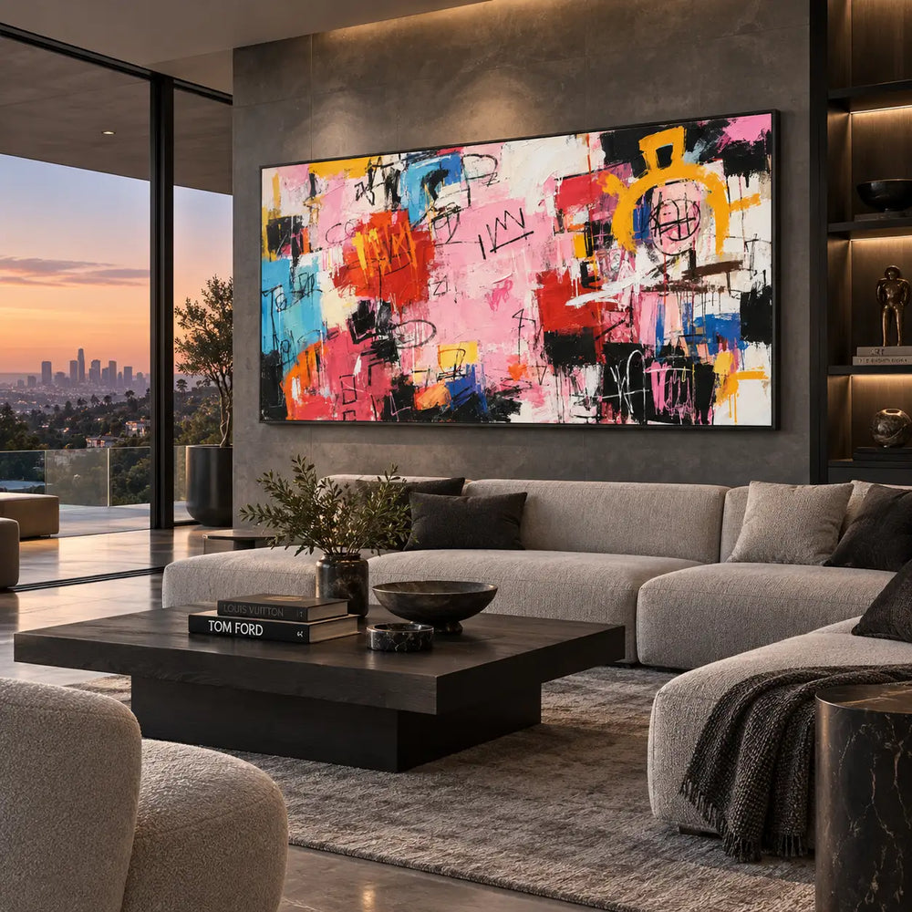 The Yellow Arch of Signs: above a gray sectional beside sunset glazing and dark shelving