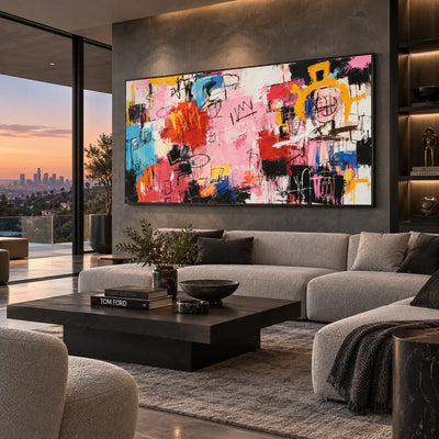 The Yellow Arch of Signs: above a gray sectional beside sunset glazing and dark shelving