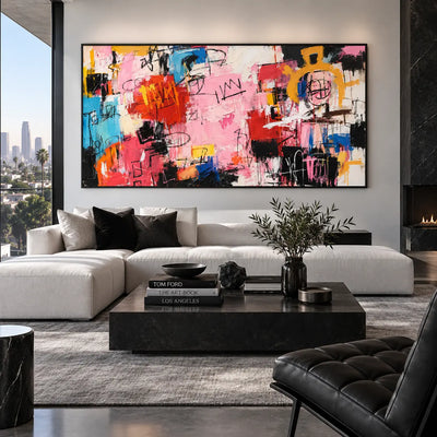 The Yellow Arch of Signs: above a white sofa with black cushions and a dark stone table