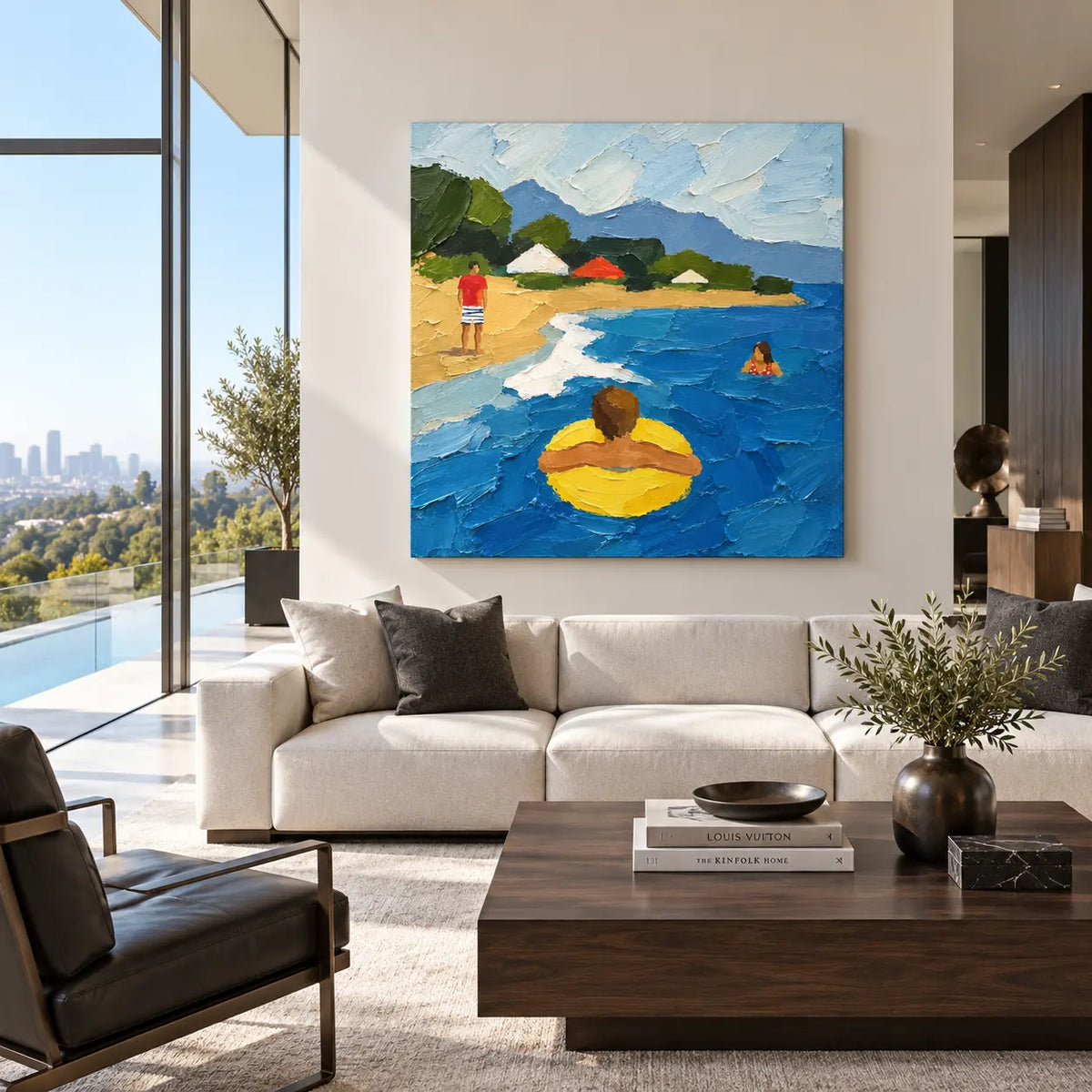 The Yellow Ring in the Bay: above a cream sofa with a wooden coffee table and tall windows