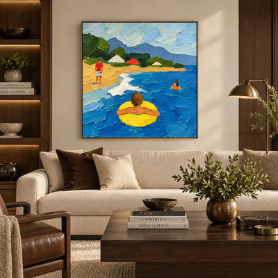 The Yellow Ring in the Bay: above a light sofa with green cushions and a dark wooden table