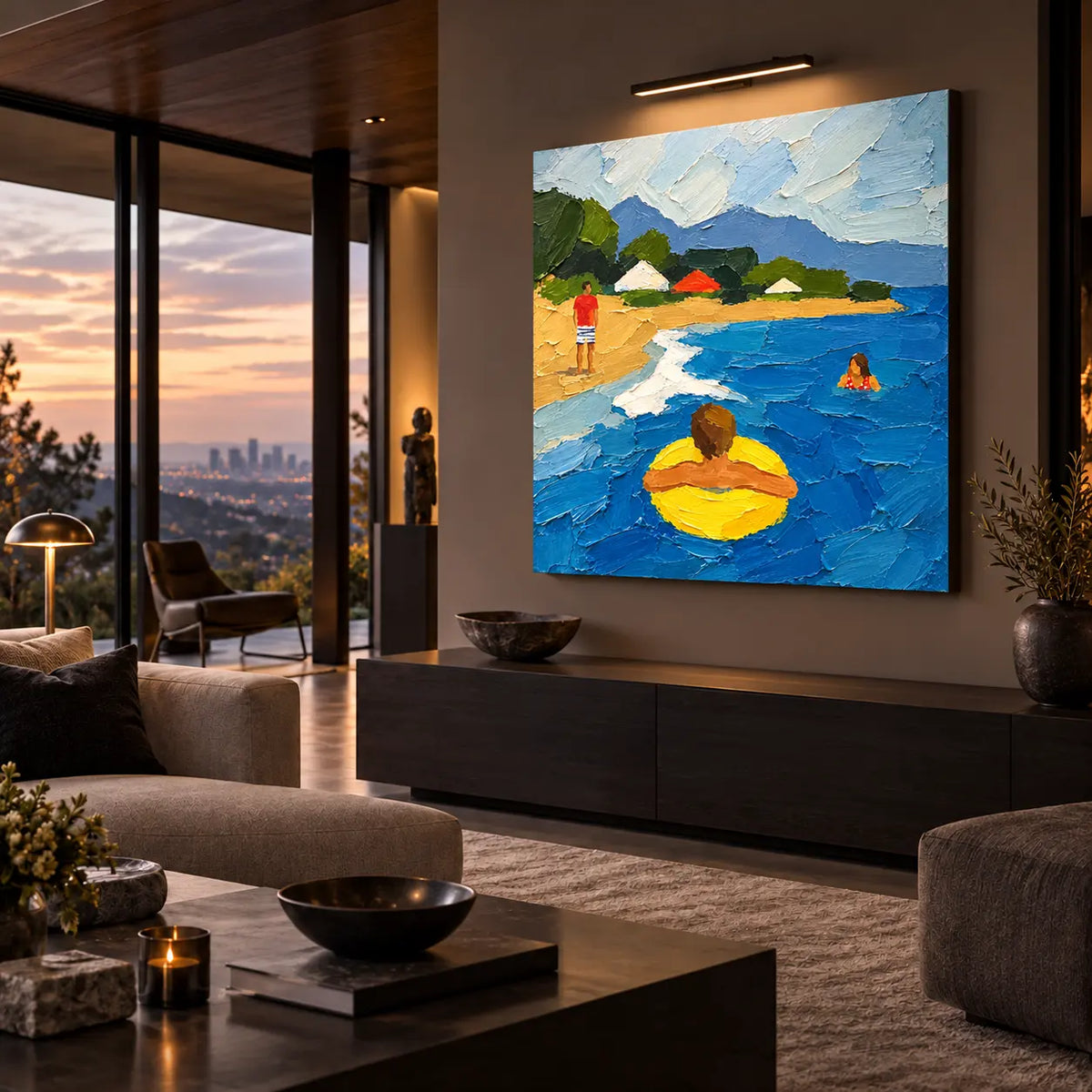 The Yellow Ring in the Bay: above a long dark console beside sunset glazing and a brass picture light