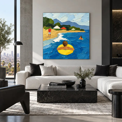 The Yellow Ring in the Bay: above a white sofa with a black marble table and tall greenery