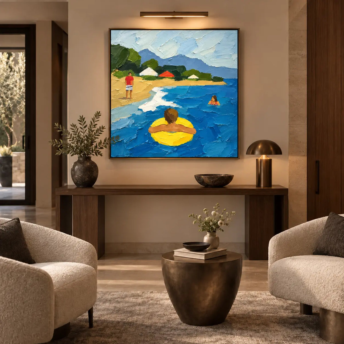 The Yellow Ring in the Bay: above a stone console between two rounded chairs and a gold-toned table
