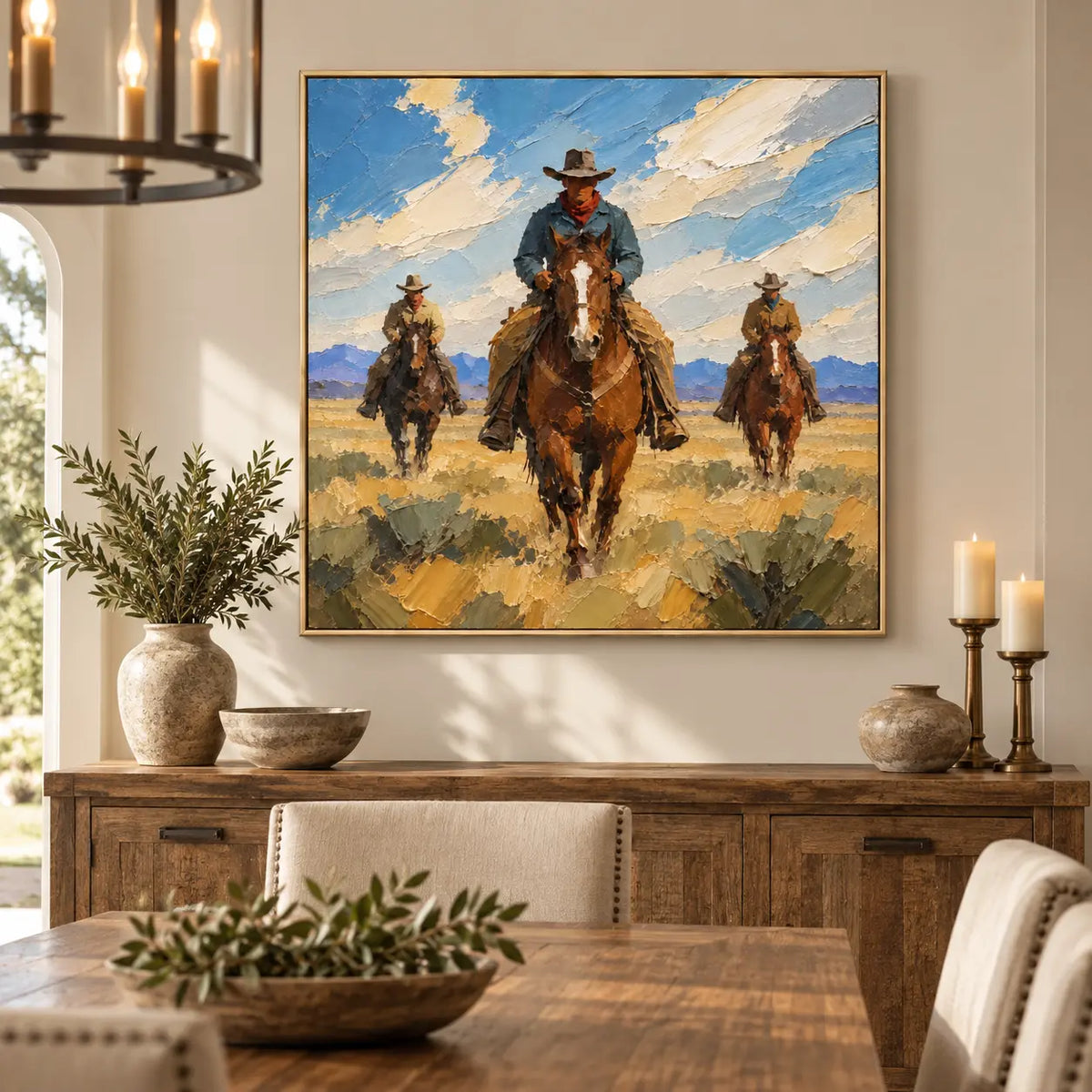 Three Across the Range: above a dining sideboard with pillar candles beneath a ring chandelier
