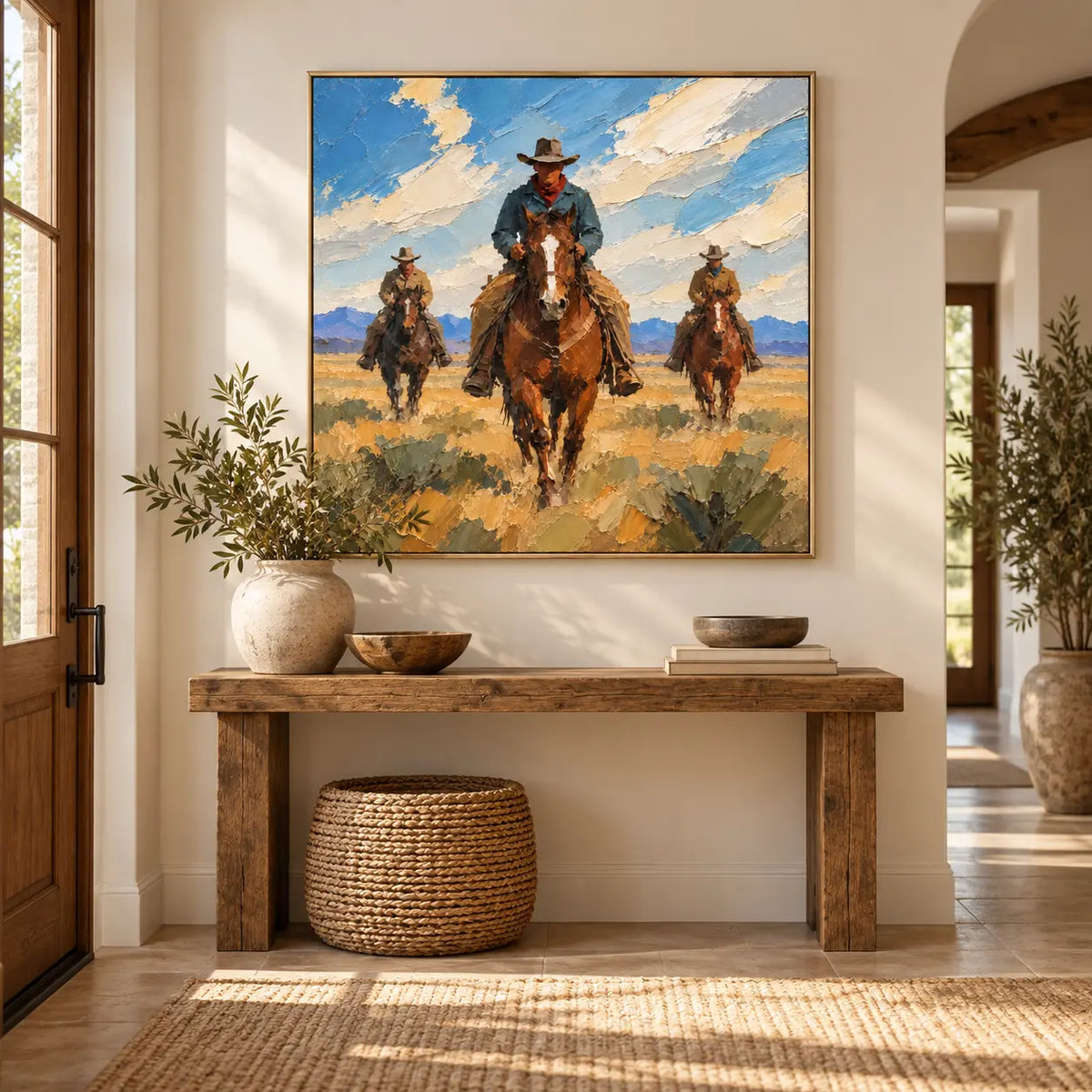 Three Across the Range: above a rustic entry console with a woven basket underneath