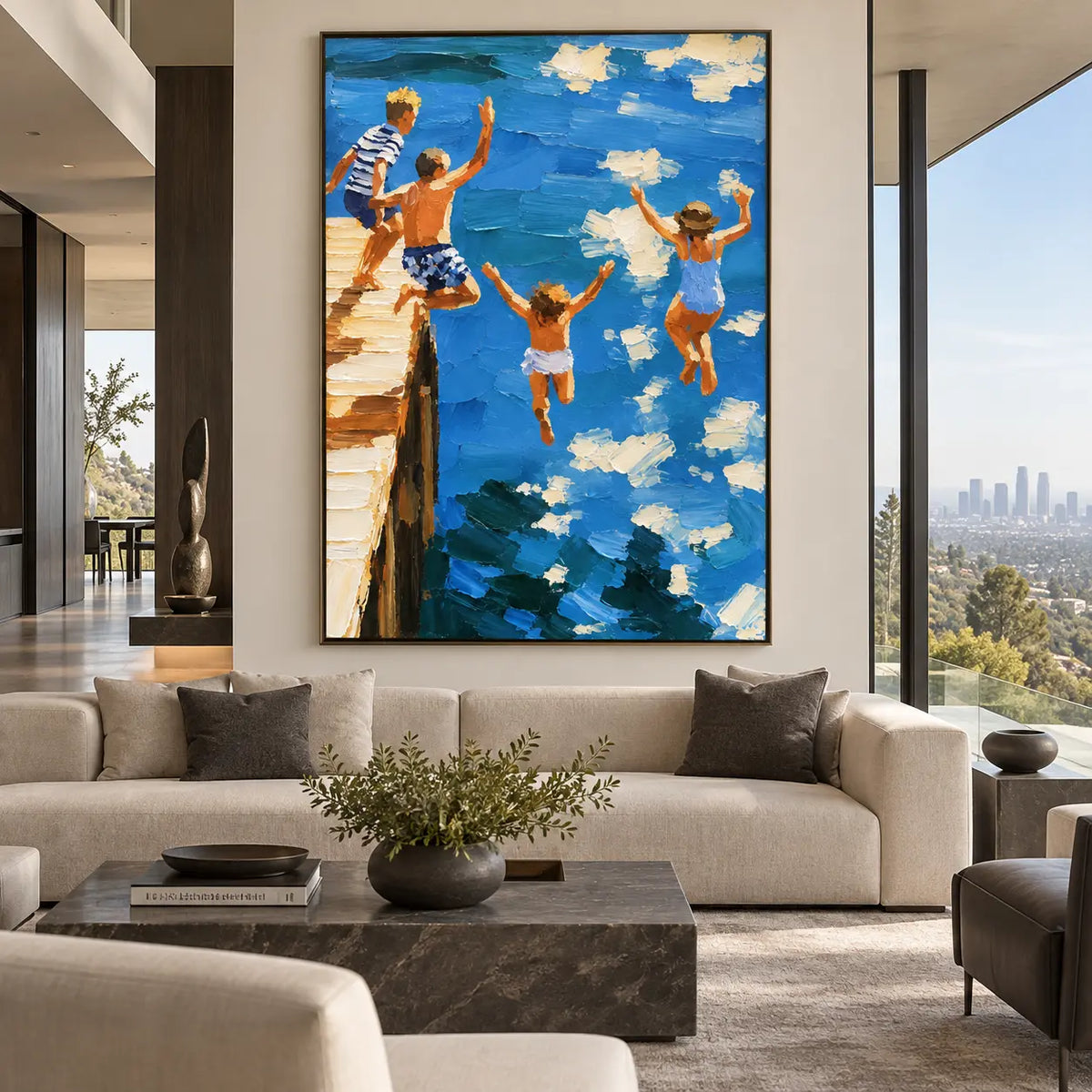 Three Leaps from the Pier: above a cream sectional with a square stone table and tall window