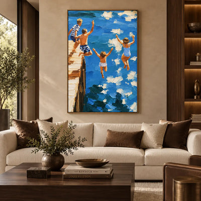 Three Leaps from the Pier: above a light sofa with brown cushions and a low wooden table