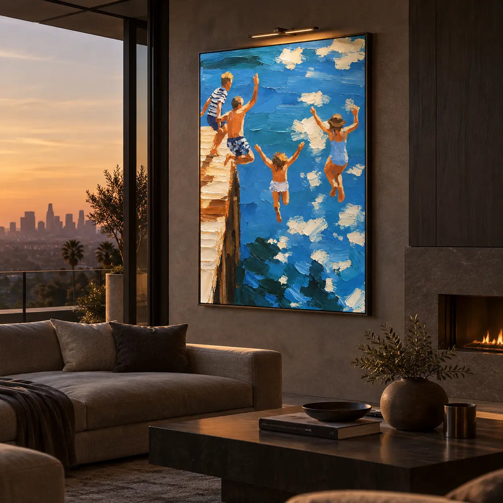 Three Leaps from the Pier: above a taupe sofa beside sunset glazing and a fireplace