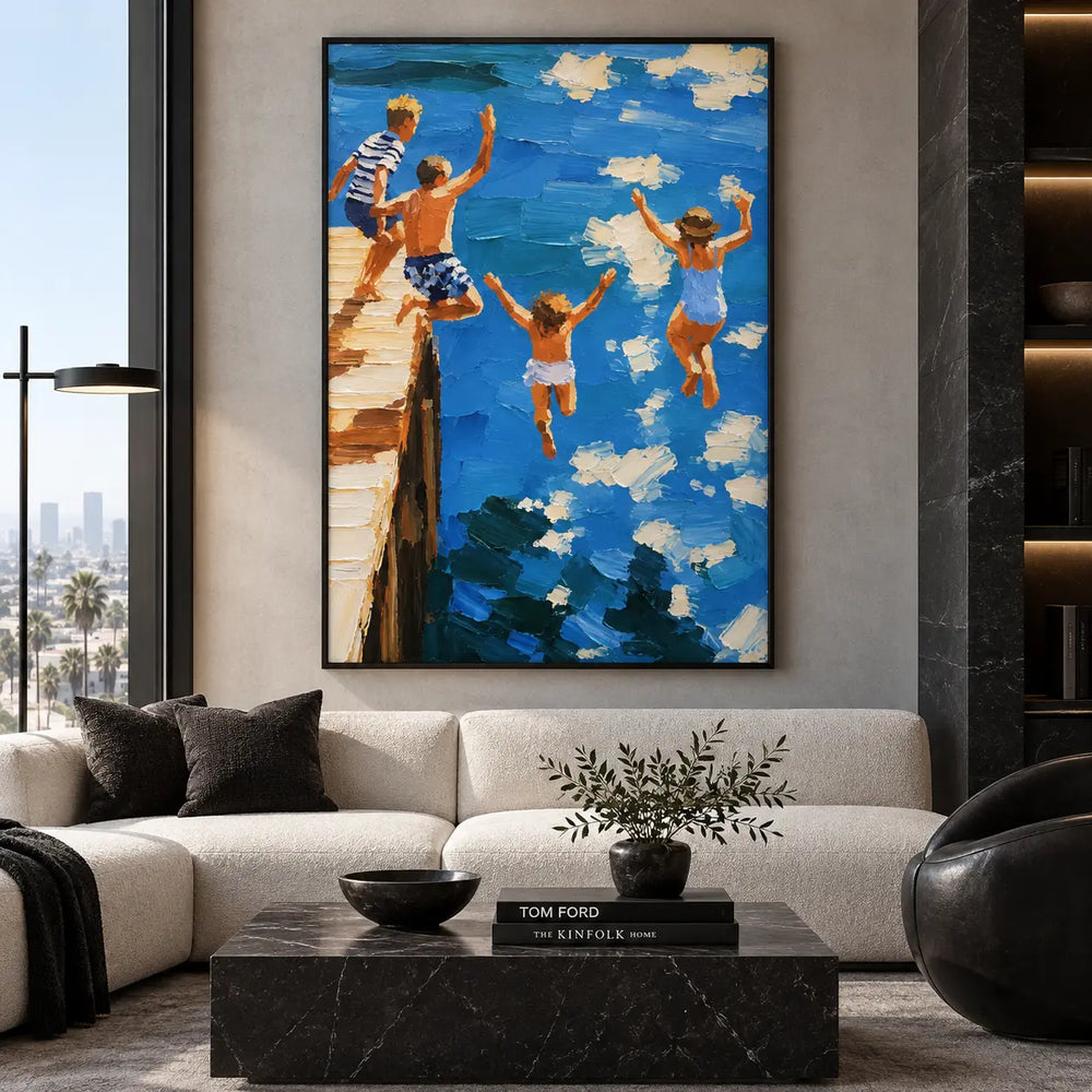 Three Leaps from the Pier: above a white sofa with a round veined stone table